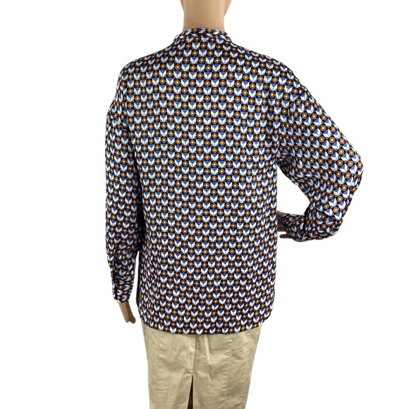 ZARA Geometric Print Button Down Blouse Blue Brown Small - Picture 5 of 7